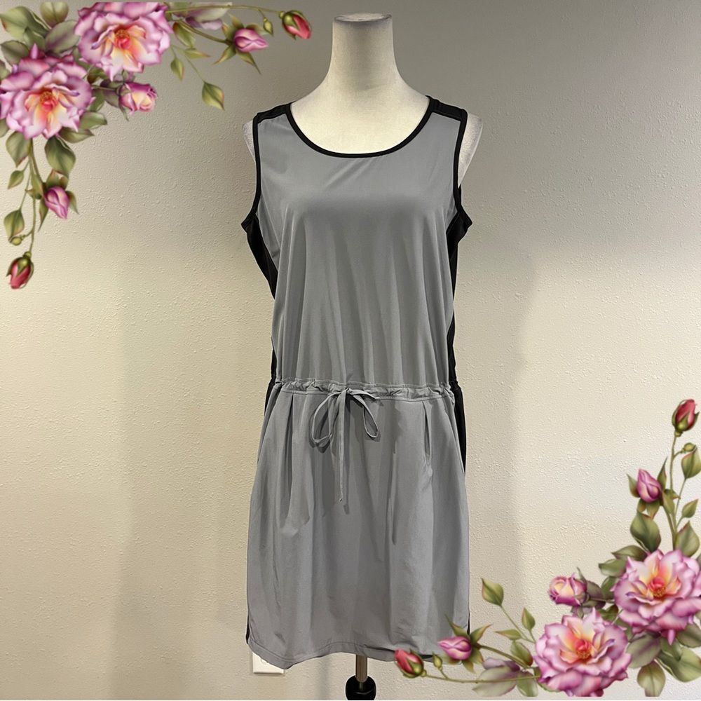 Athleta Gray and Black Sleeveless Drawstring Mini Dress